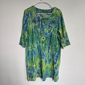 Vibrant Green & Blue Tunic Dress with Embellished Beaded Flor Neckline Size M